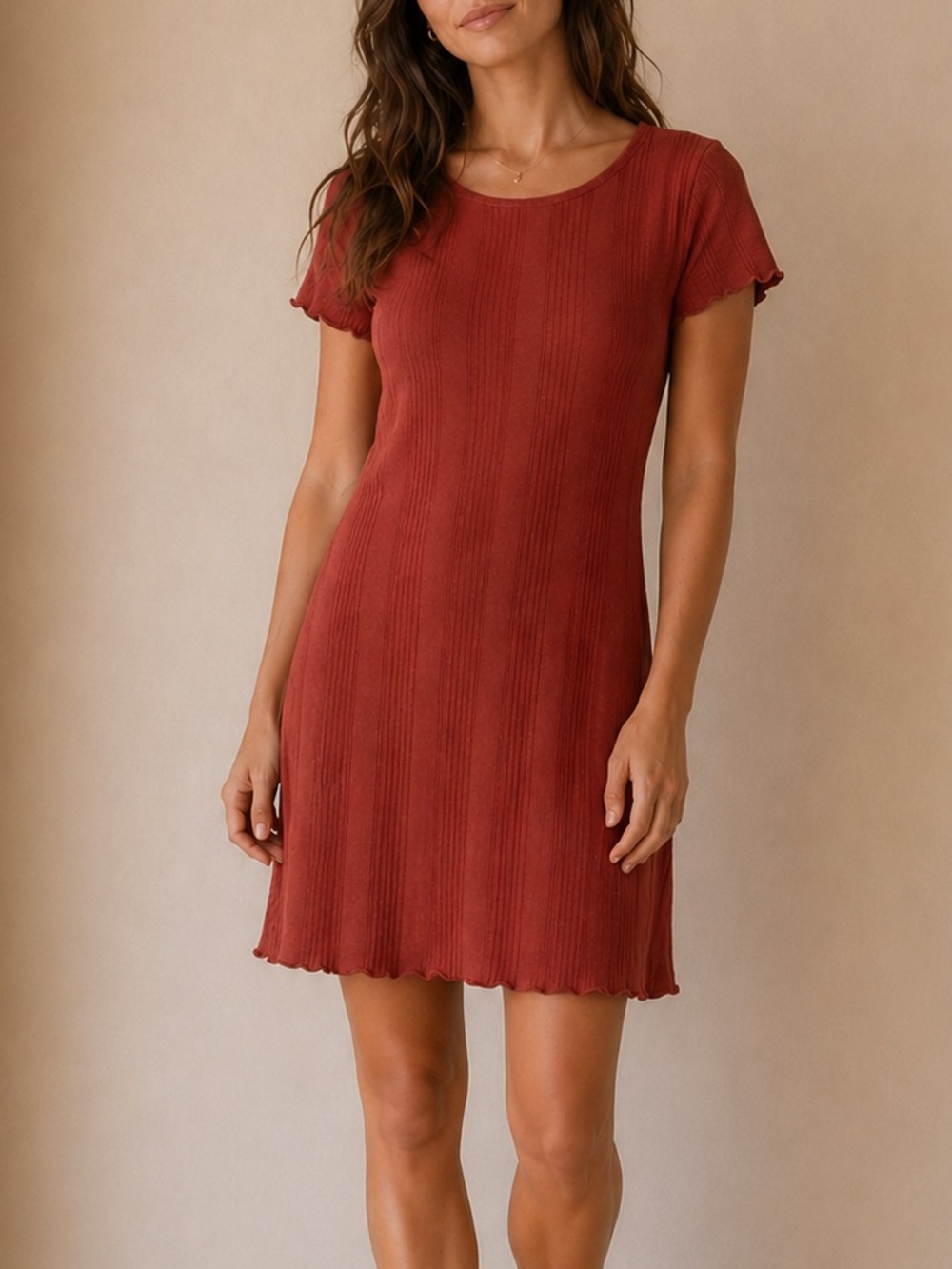 AMERICAN EAGLE | 100% Cotton Rust Ribbed Lettuce-Hem Mini Dress